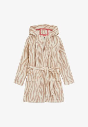 Halat de baie din material fleece, cu glugă, în model zebră crem și bej, prevăzut cu centură și două buzunare frontale. Textură moale și mâneci de lungime medie.