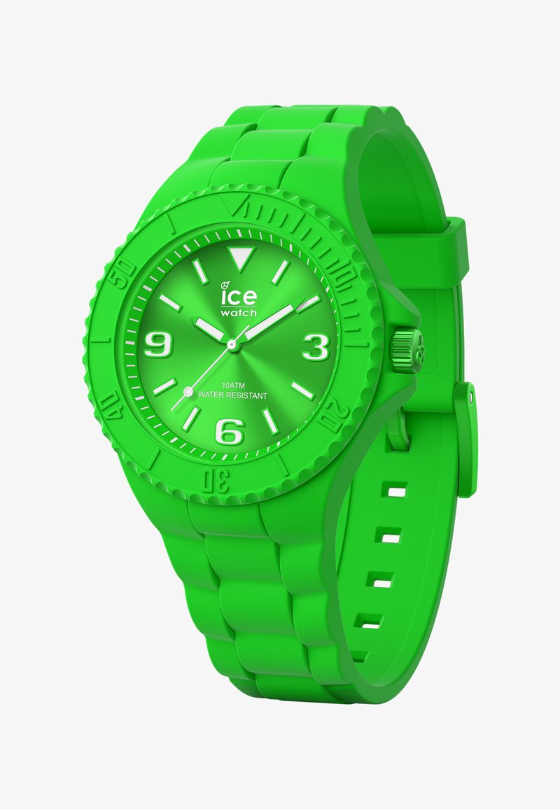 Kirkas vihreä analoginen käsikello, jossa on silikonihihna, pyörivä kehys ja kirkkaat valkoiset tuntimerkit, merkitty vedenkestävyydeksi 10 ATM.
