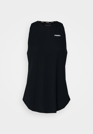 Débardeur noir sans manches en tissu lisse. Présente un col rond et un logo "STRONGER" sur le devant. Coupe droite avec un design légèrement fluide.