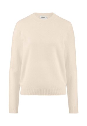 Cremefarbener Pullover mit Rundhalsausschnitt, gerippten Bündchen und Saum, aus weichem Material, mit lockerer Passform und langen Ärmeln.