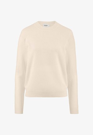 Cremefarbener Pullover mit Rundhalsausschnitt, gerippten Bündchen und Saum, aus weichem Material, mit lockerer Passform und langen Ärmeln.