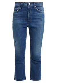 Blue denim jeans with a straight-leg cut, featuring a faded finish, five-pocket design, and button closure at the waistband.