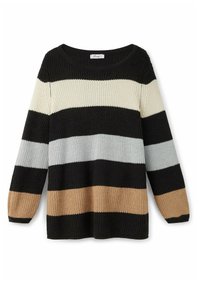 Maglione nero a maglia con ampie strisce orizzontali in beige, grigio chiaro e crema, con scollatura tonda e maniche lunghe.