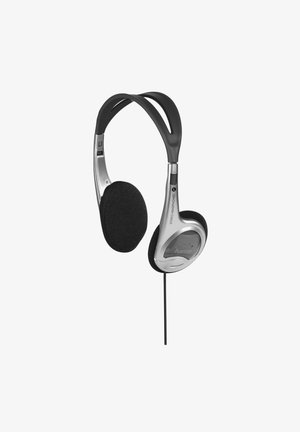 Silver and black stereo headphones with foam ear cushions, a flexible headband, and a 3.5mm audio jack. Minimalist design with smooth textures.
