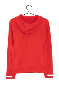 Sudadera roja con una tela texturizada, que cuenta con capucha, mangas largas y acentos de rayas blancas en los puños. Asa de colgar en la parte superior.