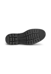 Black rubber shoe sole with textured tread pattern. Features deep grooves for grip and a rounded toe design. Ecco branding visible.