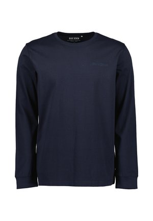 Laivastonsininen pitkähihainen pusero, jossa on pyöreä pääntie, vasemmassa rinnassa hillitty kirjailtu logo ja resorit hihansuissa.