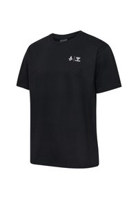 Svart t-shirt med kort ärm i bomull, med en liten vit logotyp på bröstet, rund halsringning och avslappnad passform.