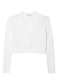 Biały krótki kardigan z dekoltem w kształcie litery V, wzorem w warkocze, prążkowanymi mankietami i zapięciem na guziki. Miękka tekstura z trzema guzikami z przodu.