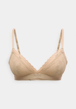 Soutien-gorge triangle en dentelle beige avec bretelles réglables et motif discret "HUGO" ainsi que logo sur la bande.