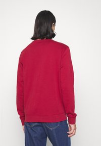 Felpa rossa con maniche lunghe, scollo rotondo e polsini a coste; realizzata in un tessuto morbido e liscio con cuciture minime e una vestibilità rilassata.