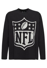 T-shirt a maniche lunghe nera con una grande grafica del logo NFL usurata in bianco, raffigurante un pallone da football e stelle sul davanti.