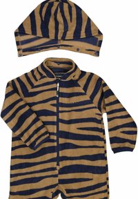 Fleece baby overall och matchande hatt med tigerstrimmor i brunt och marinblått, med en framdragkedja och tryckknappsstängning på hatten.