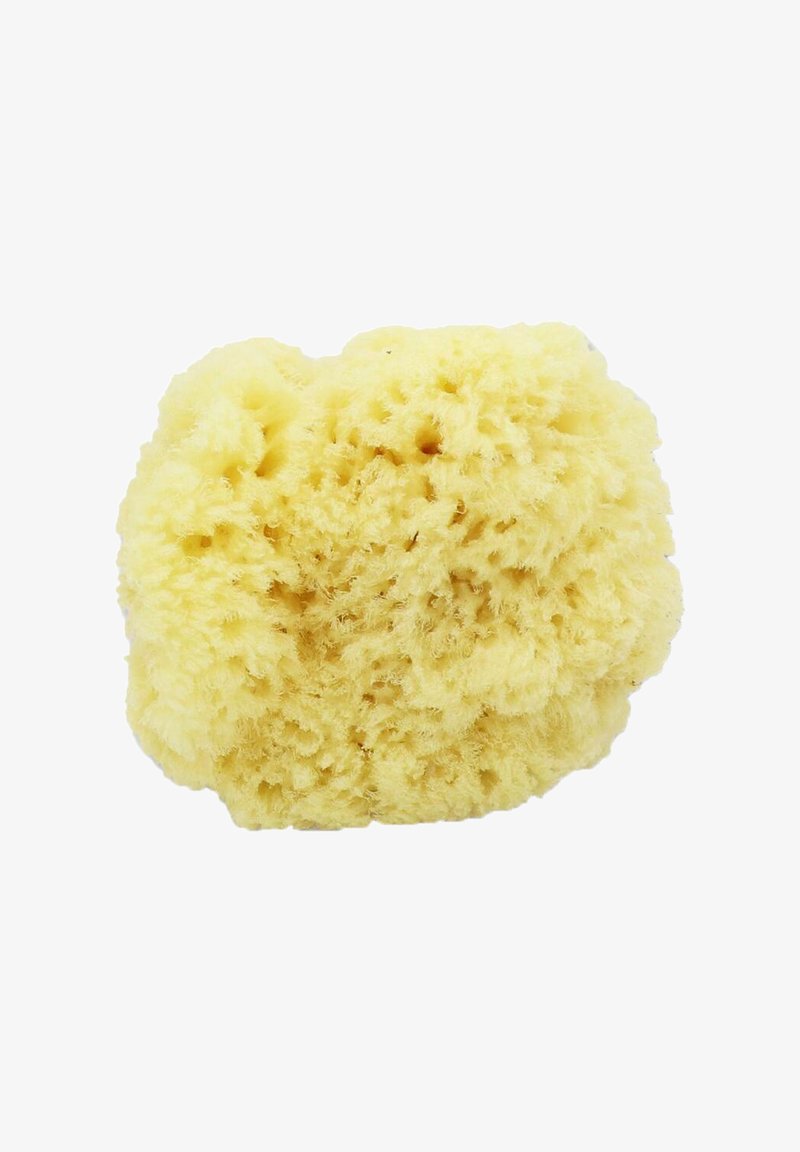 Natural sea sponge, round shape, soft texture, light yellow color, porous surface with fine fibers, suitable for bathing or cleaning.