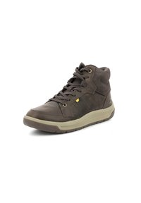 Bruine mid-top sneaker van leer en suède, met ronde veters, een gestructureerd zijpaneel en een dikke rubberen zool.