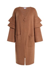 Bruine gebreide cardigan met een V-hals, gerimpelde mouwen, knopen sluiting aan de voorkant en twee zijzakken. Textuurstof met een losse pasvorm.