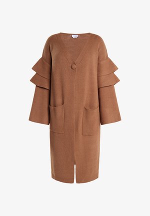 Brown knitted cardigan featuring a V-neck, ruffled sleeves, front button closure, and two front pockets. Textured fabric with a loose fit.