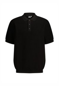 Schwarzes Poloshirt mit kurzen Ärmeln aus Rippenstoff; verfügt über einen Kragen und eine Knopfleiste mit drei Knöpfen; lockere Passform mit geradem Saum.
