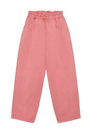 Pantaloni rosa a vita alta, vestibilità larga, con fascia in vita elasticizzata arricciata e tasche laterali, mostrati su sfondo bianco.