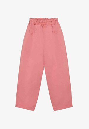 Hoch taillierte, locker sitzende rosa Hose mit elastischem, gerafftem Bund und Seitentaschen, dargestellt vor weißem Hintergrund.