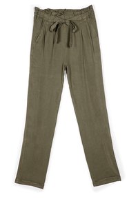 Olijfgroene high-waist broek met een trekkoord, elastische tailleband, zijzakken en rechte pijpen.