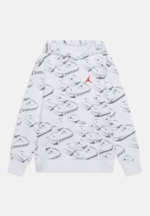 Witte hoodie met 3D grafisch patroon van de tekst "JORDAN" in grijs. Voorzien van een rood Jumpman-logo op de borst en een kangaroopzak.