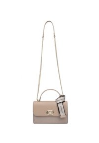 Borsa in pelle di colore beige con una texture liscia e scamosciata. Presenta una chiusura in tono oro, un manico superiore e una tracolla a catena.