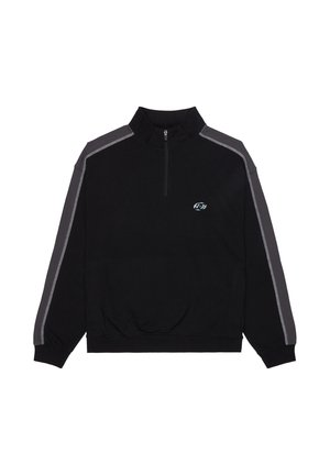 Czarna bluza z półgolfem i suwakiem do ćwiartki, szare akcenty na ramionach, ściągacze na rękawach oraz małe logo na piersi, wykonana z miękkiego materiału.