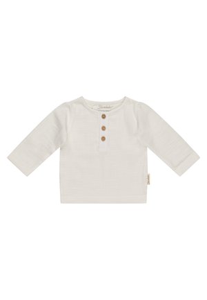 White long-sleeve baby shirt with round neckline and three small brown buttons on the front placket.