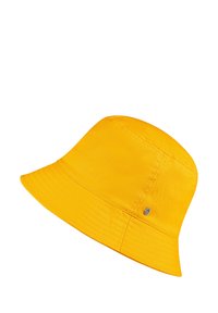 Yellow bucket hat made of smooth fabric with a wide, downward-sloping brim and small logo detail on the side.