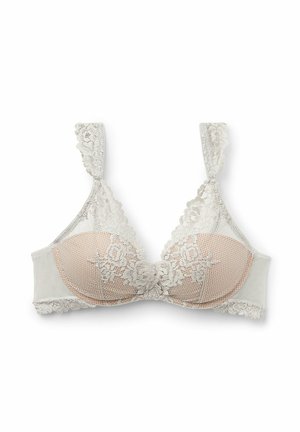 Lace-trimmed bra in light gray with soft cups, delicate floral patterns, and adjustable lace straps. Smooth base fabric with a mesh overlay.