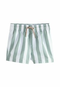 Randiga badshorts i mintgrönt och vitt, med elastisk midja, dragsko och slät tygstruktur.