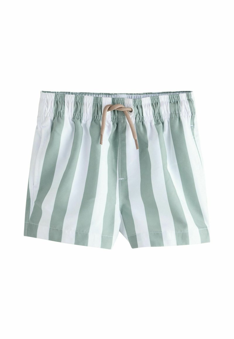 Randiga badshorts i mintgrönt och vitt, med elastisk midja, dragsko och slät tygstruktur.