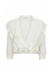 Blusa bianca corta con davanti a volant, scollatura a V profonda e maniche lunghe. Presenta una chiusura con bottoni e un tessuto testurizzato per un tocco di originalità.