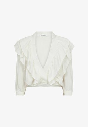 Weißes gekürztes Bluse mit Rüschenvorderseite, tiefem V-Ausschnitt und langen Ärmeln. Mit einer Knopfleiste und strukturiertem Stoff für zusätzlichen Detail.