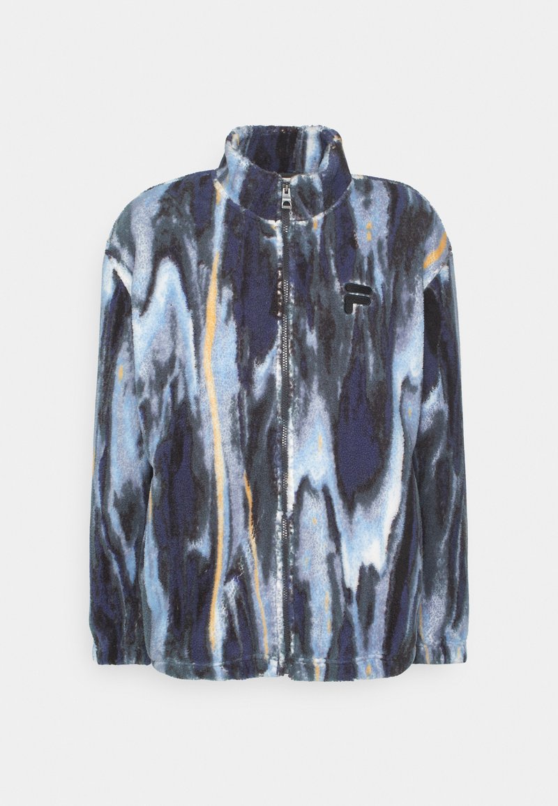 Giacca in pile con motivi astratti blu, neri, bianchi e arancioni, zip completa, colletto alto e piccolo logo nero sul petto.