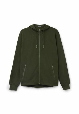 Zielona bluza z kapturem na zamek, wykonana z miękkiego materiału, z kapturem, sznurkami, dwiema bocznymi kieszeniami na zamek i ściągaczami na rękawach. Gładka tekstura, luźny krój.