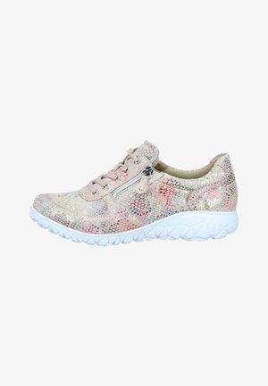 Low-top sneaker with pink and beige snakeskin pattern, side zipper, lace-up front, and thick white textured sole.