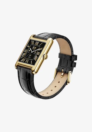 Quadratische goldene Uhr mit schwarzem Zifferblatt, römischen Ziffern und goldenen Akzenten. Verfügt über ein schwarzes Lederarmband im Krokodilsmuster mit heller Innenauskleidung.