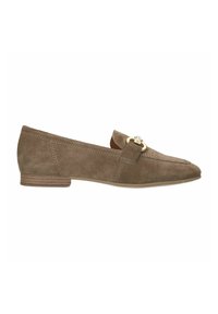 Brown suede loafers with a low heel, featuring a decorative metal accent strap and stitching details on the upper.