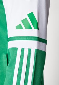 Groene sportjack met witte strepen, textuurstof en een groene driehoekige logo op de mouw. Afgewerkt met een witte bies.