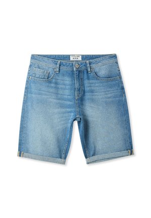 Shorts di denim in azzurro chiaro, caratterizzati da un classico design a cinque tasche, orli arrotolati e una leggera sbiaditura per un effetto texture. Chiusura standard con zip e bottone.