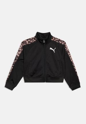 Must zip-up jakk, millel on leopardimustrilised triibud varrukatel ja õlgadel ning valge Puma logo rinnal.