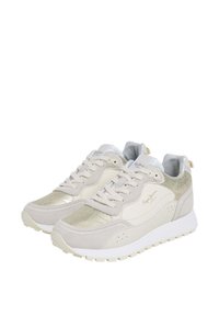 Beige sneakers with a textured finish, featuring smooth and metallic accents. Lace-up design with a cushioned sole and subtle branding.