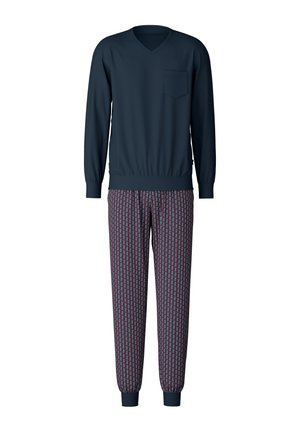 Navy long-sleeve top with V-neck and pocket, paired with patterned pajama pants in dark purple with geometric accents and cuffs.