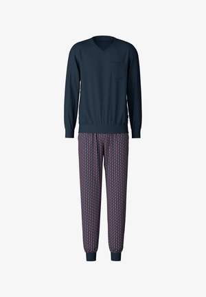 Navy long-sleeve top with V-neck and pocket, paired with patterned pajama pants in dark purple with geometric accents and cuffs.
