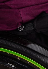 Μπορντό ύφασμα με διαφανές κουμπί και μαύρες ιμάντες, δίπλα σε μια μαύρη ρόδα με πράσινη στεφάνη και υφή επιφάνειας.