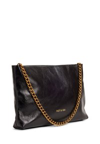 Black leather clutch bag with a shiny finish and a gold chain strap, featuring a simple design and the brand name embossed in gold.