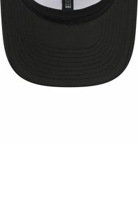 Black cap with a curved brim, made of fabric. Inside lining is white with a label on the top. Simple design, no visible logos or patterns.