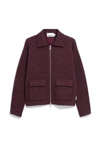 Burgunderfarbene Zip-Jacke aus strukturiertem Stoff mit Kragen, zwei aufgenähten Fronttaschen und einem dezenten gesprenkelten Muster.